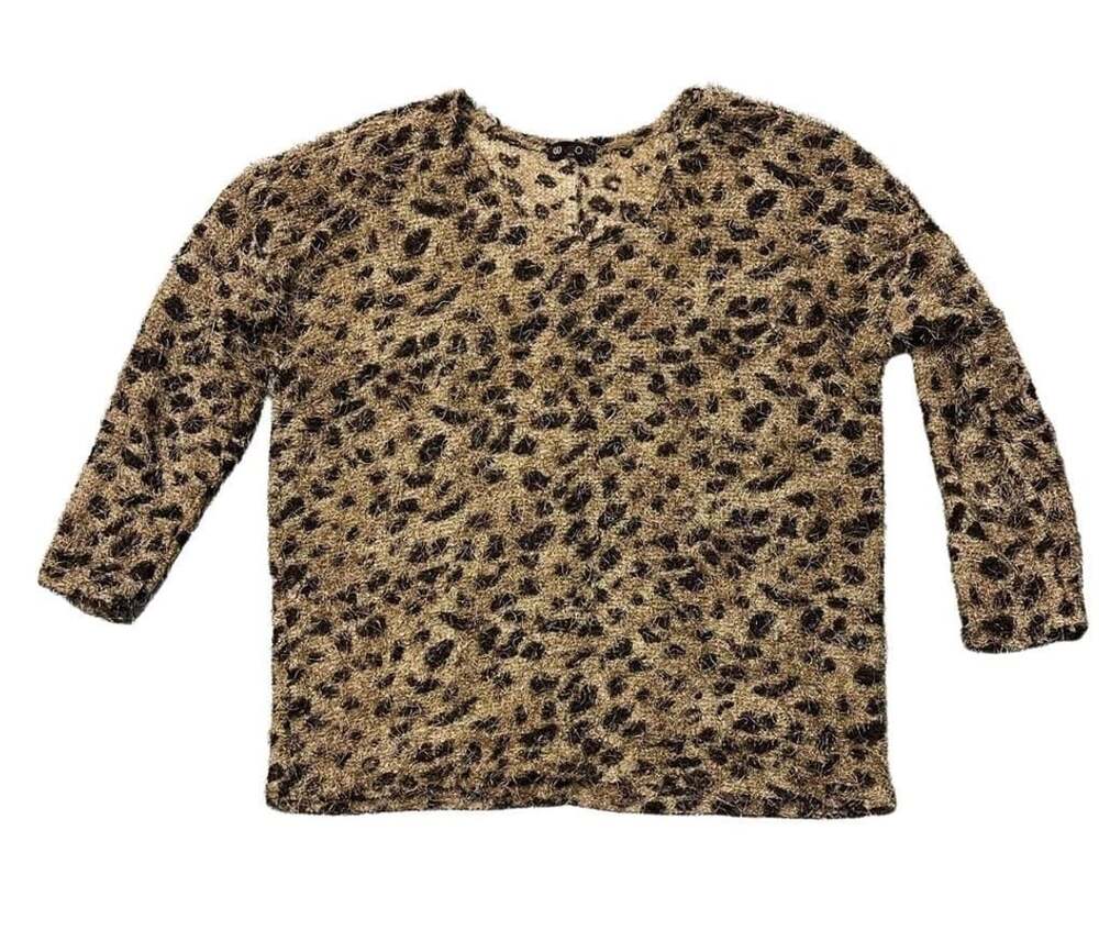 Vision USA Women's Brown Animal Print Eyelash Fringe Long Sleeve Top Size L